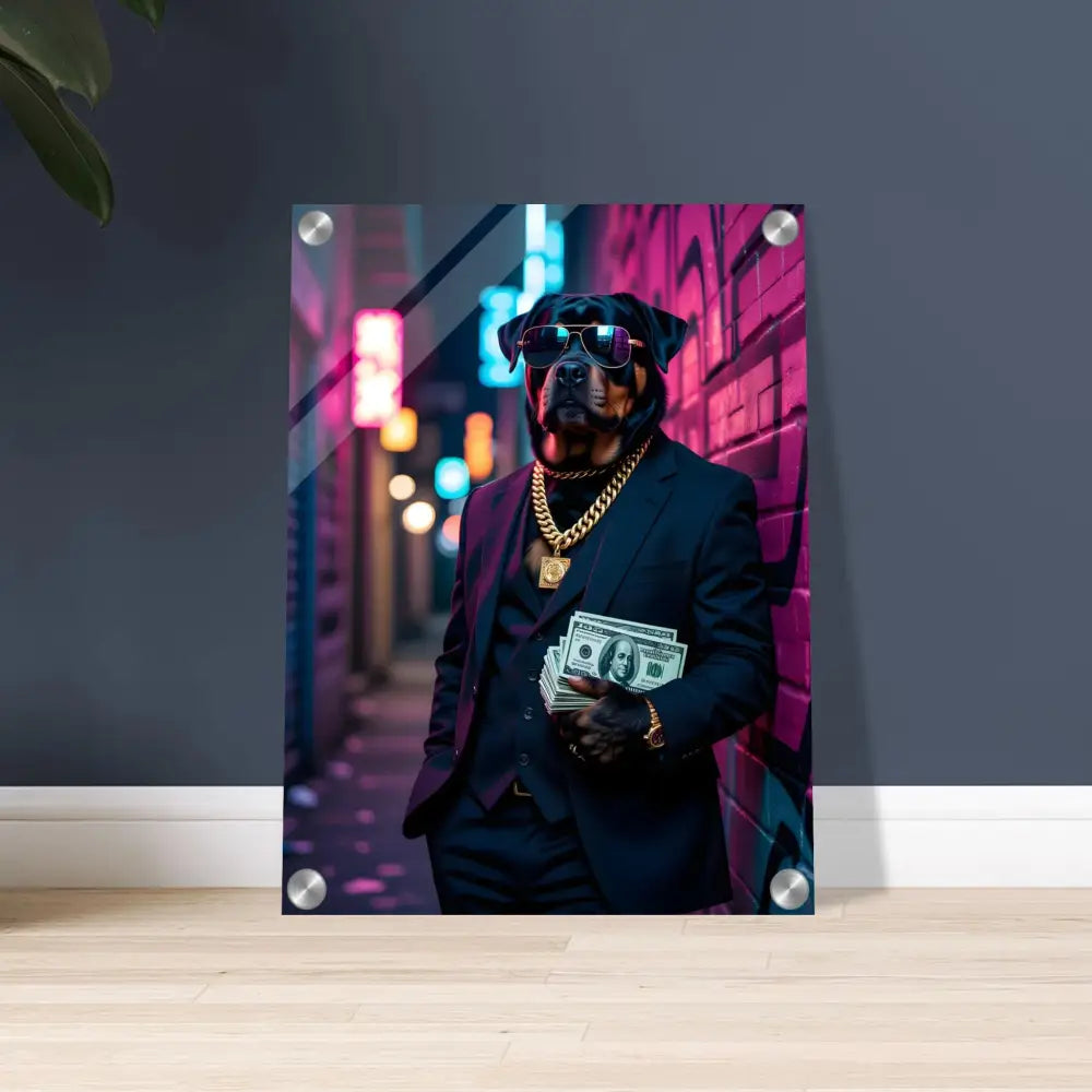 Rottweiler in suit with money and gold chain for Acrylic Print Kingpin K9 PixiOnyx Neon