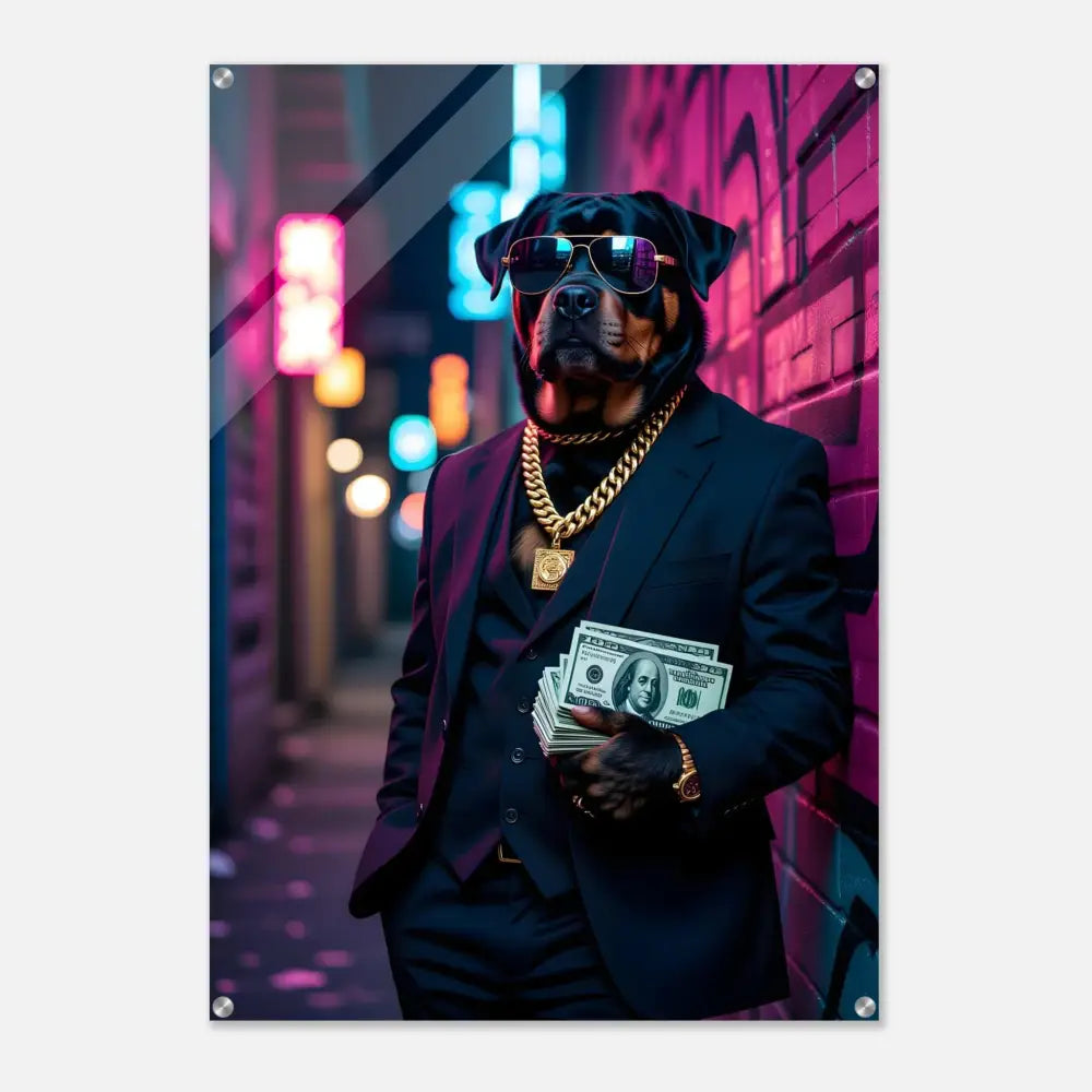 Rottweiler in a suit with sunglasses and gold chains holding money acrylic print Kingpin K9