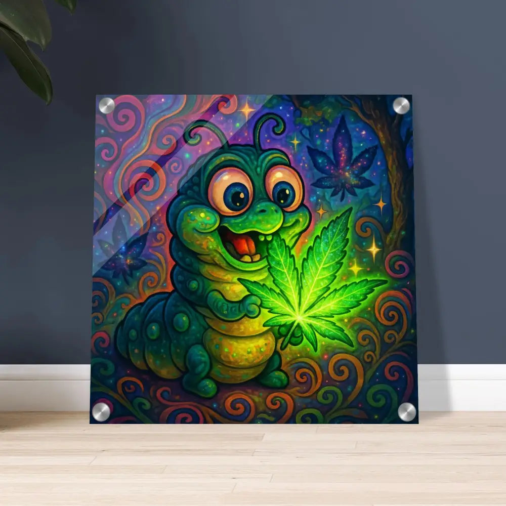 Cartoon caterpillar holding a cannabis leaf on Glowing Psychedelic Wall Art by PixiOnyx
