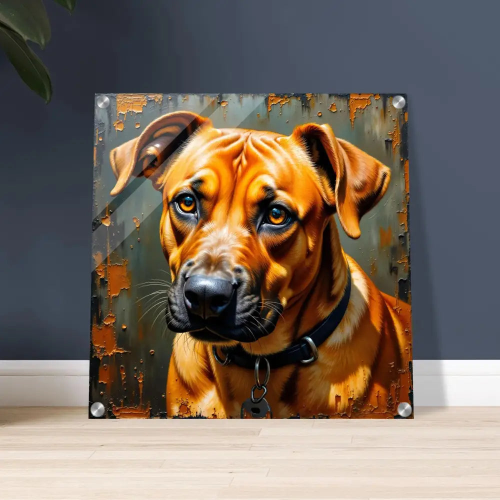 Vibrant tan dog portrait acrylic print with expressive eyes on glass-like acrylic display