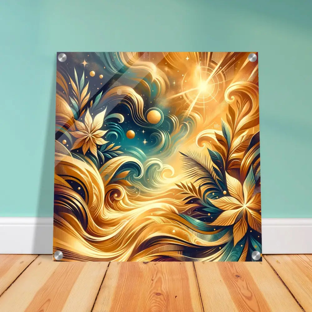 Abstract golden floral artwork acrylic print from PixiOnyx Nebula Bloom Cascade series