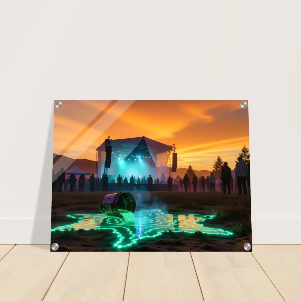 Framed Neon Spill Festival Art acrylic print with vivid spilled neon liquid design