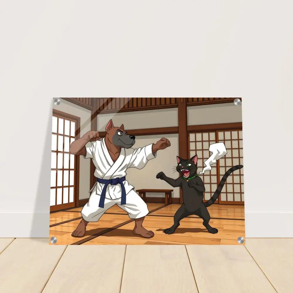 Acrylic print featuring karate dog and cat paw print design from Paws of Fury product