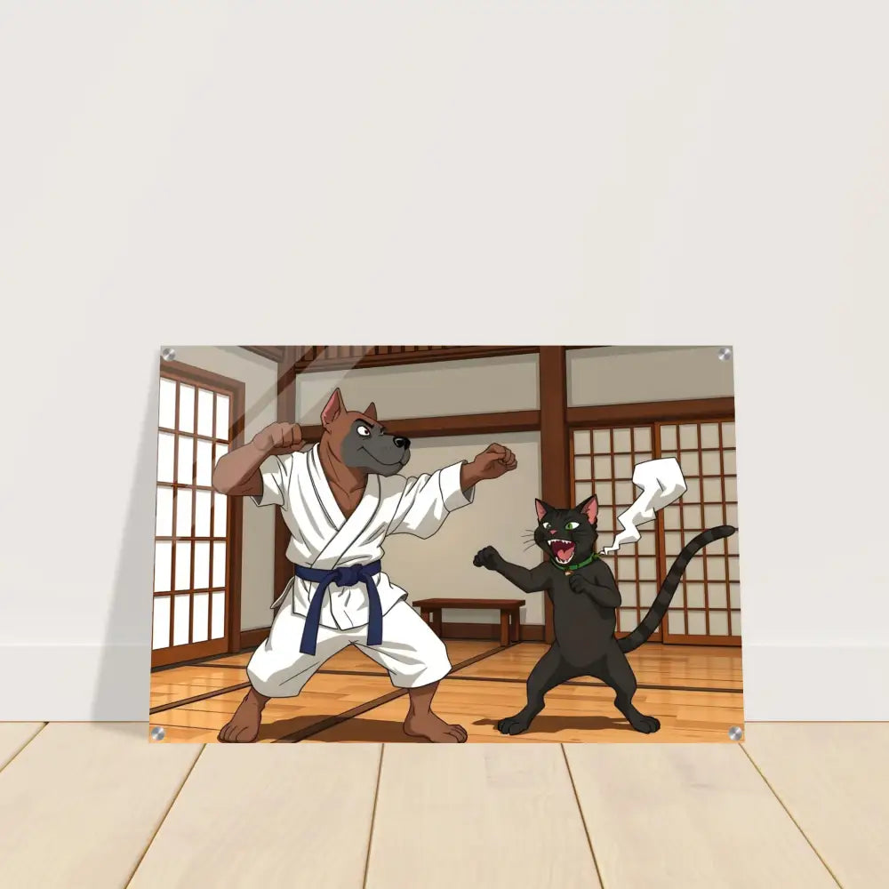 Acrylic print of Karate Dog and Cat art from Paws of Fury martial mayhem series