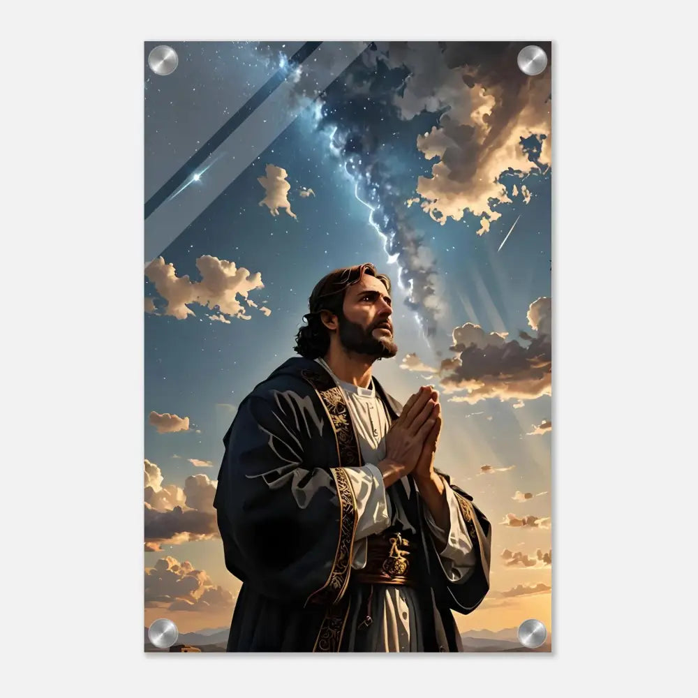 Acrylic Print Prayer to the Cosmos depicting a religious figure praying under celestial light