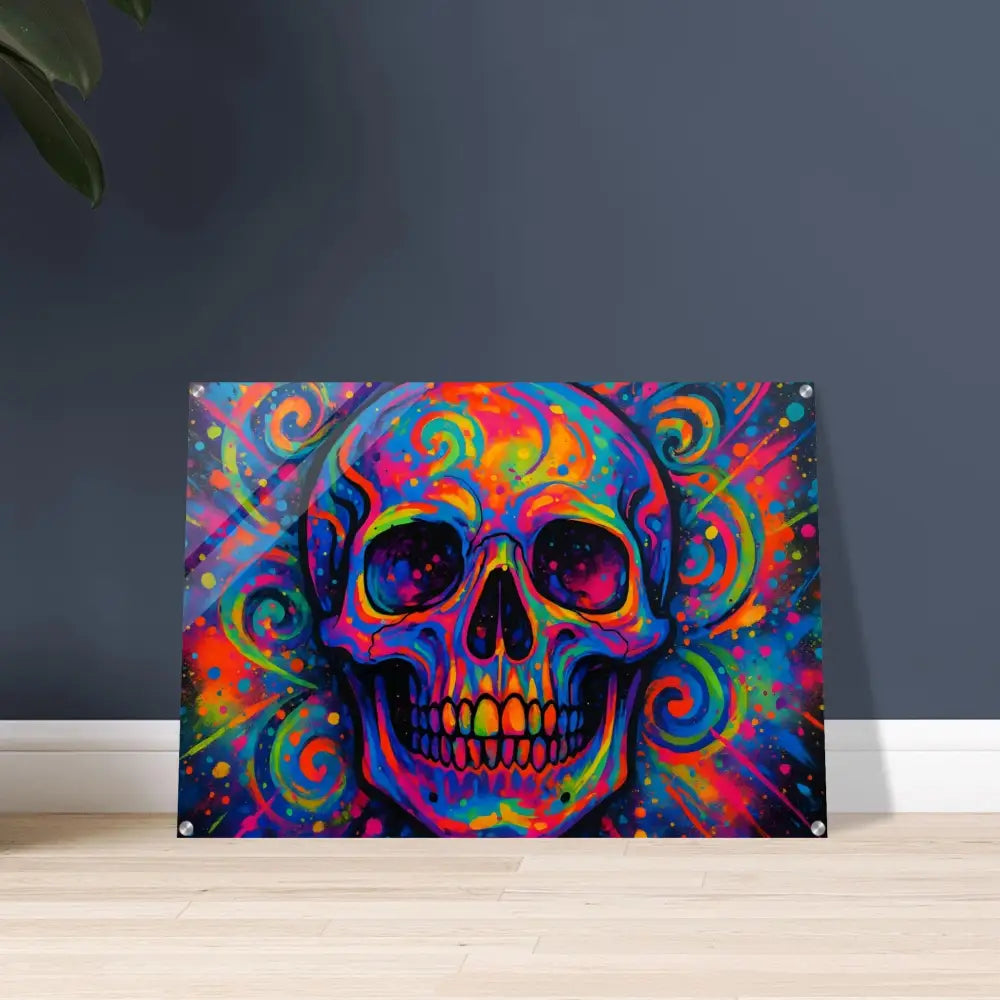 Colorful skull artwork on acrylic print titled Psychedelic Skull Eruption by PixiOnyx