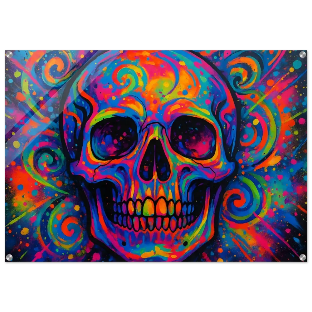 Colorful psychedelic skull art acrylic print titled Psychedelic Skull Eruption by PixiOnyx