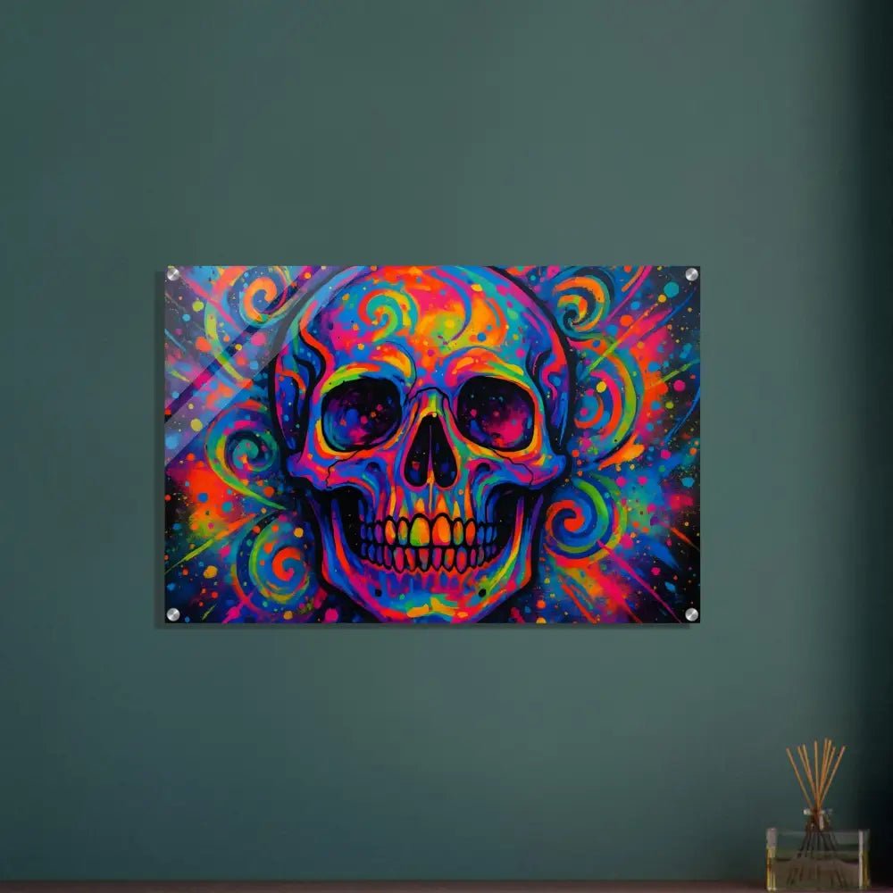 Colorful skull wall art acrylic print Psychedelic Skull Eruption PixiOnyx Vivid Illusion