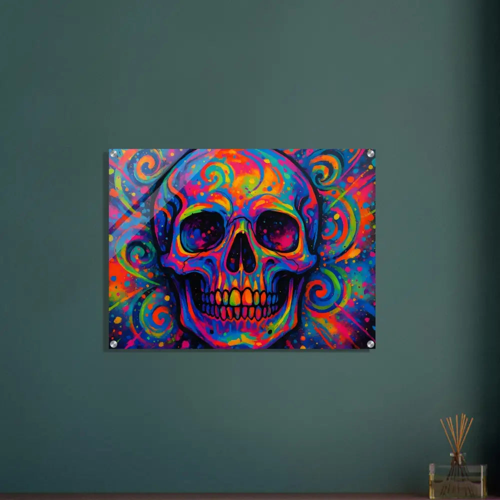Colorful skull art acrylic print called Psychedelic Skull Eruption by PixiOnyx Vivid Illusion