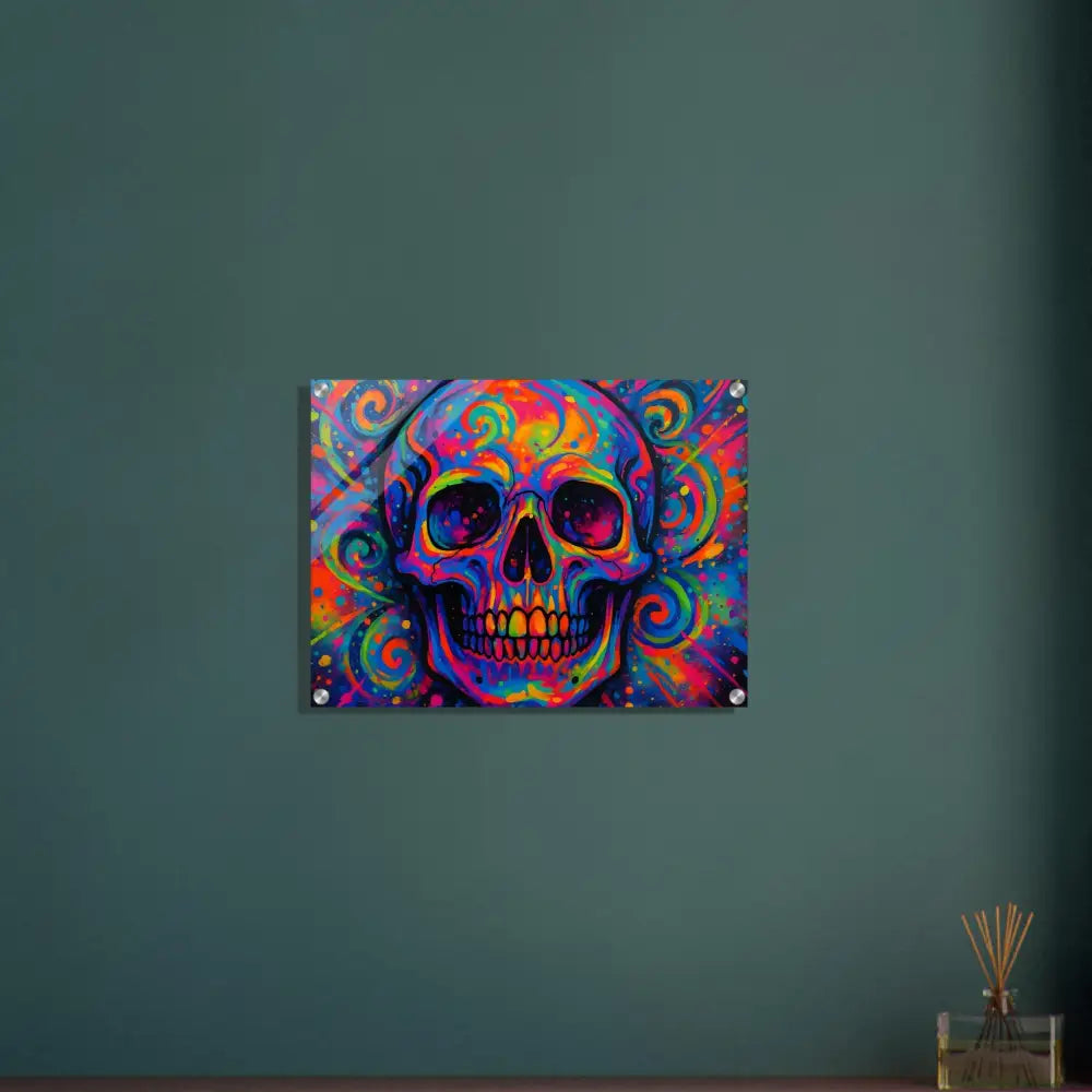 Colorful skull artwork acrylic print from PixiOnyx Psychedelic Skull Eruption collection
