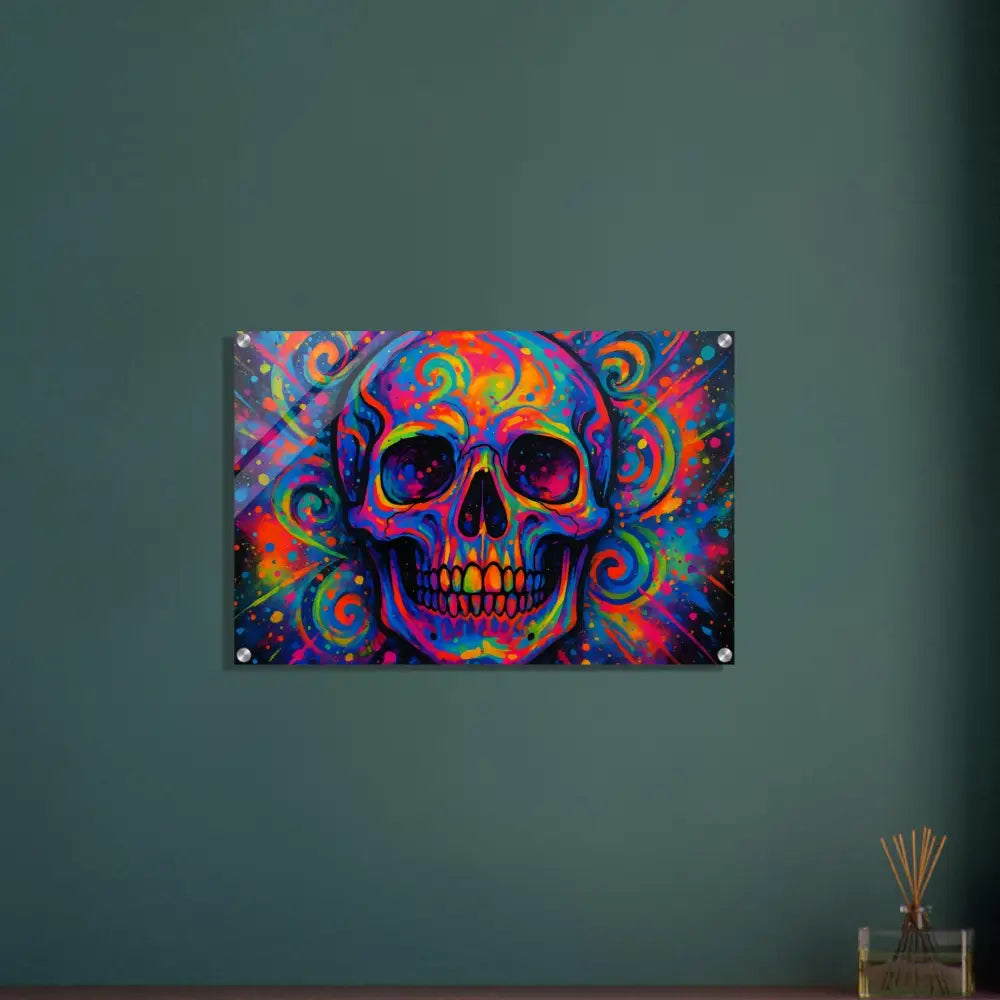 Colorful skull wall art acrylic print titled Psychedelic Skull Eruption by PixiOnyx