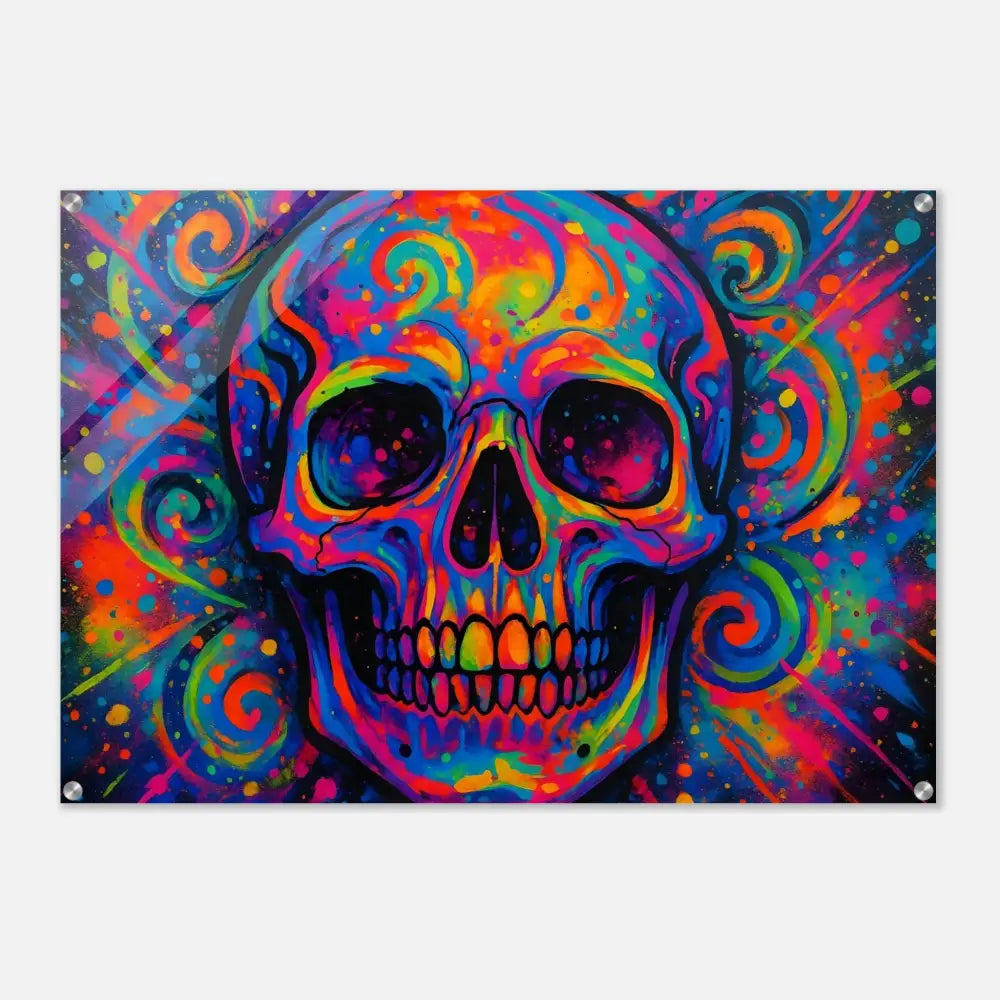 Colorful psychedelic skull art acrylic print titled Psychedelic Skull Eruption by PixiOnyx