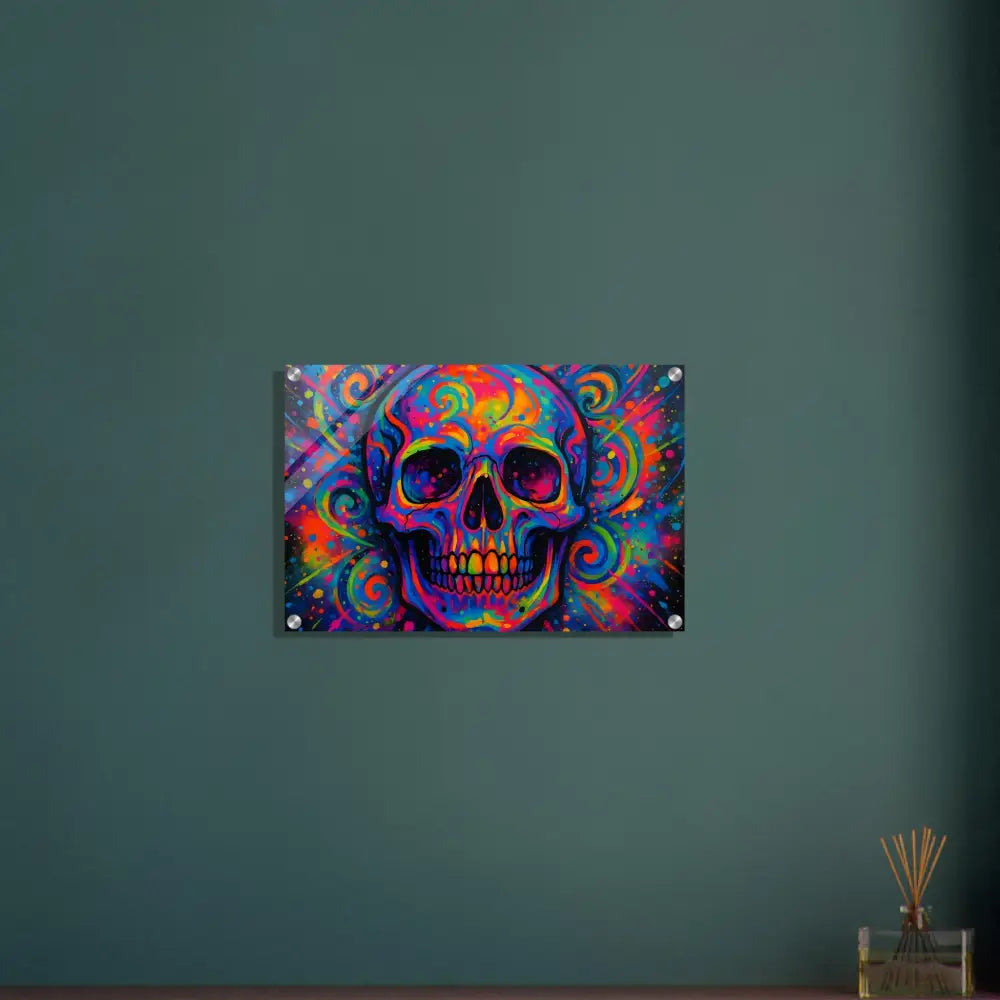 Colorful psychedelic skull artwork acrylic print for vibrant home decor scenes