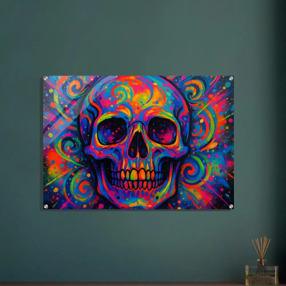 Colorful skull artwork acrylic print titled Psychedelic Skull Eruption by PixiOnyx