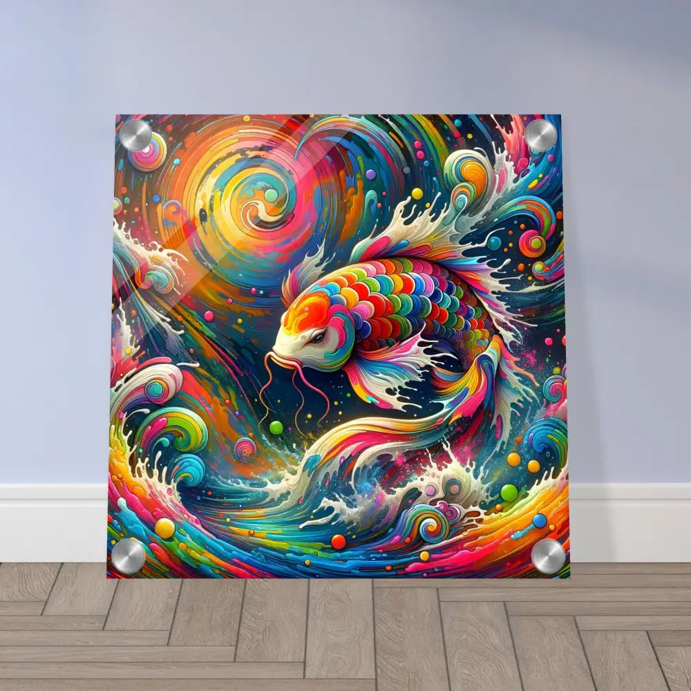 Colorful koi fish acrylic print artwork with rainbow and psychedelic swirl design