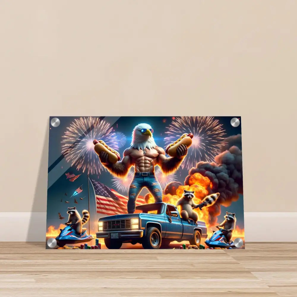 Humorous patriotic wall art acrylic print featuring Stars Stripes and Flaming Hot Dogs