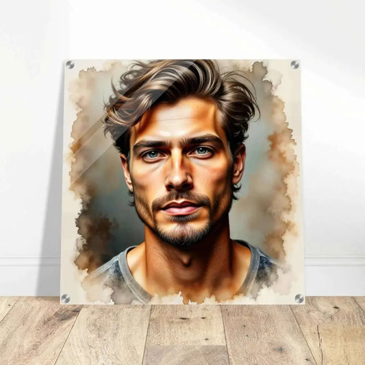 Acrylic print of Stormworn Resolve crystal depth portrait with blue-eyed man and watercolor background
