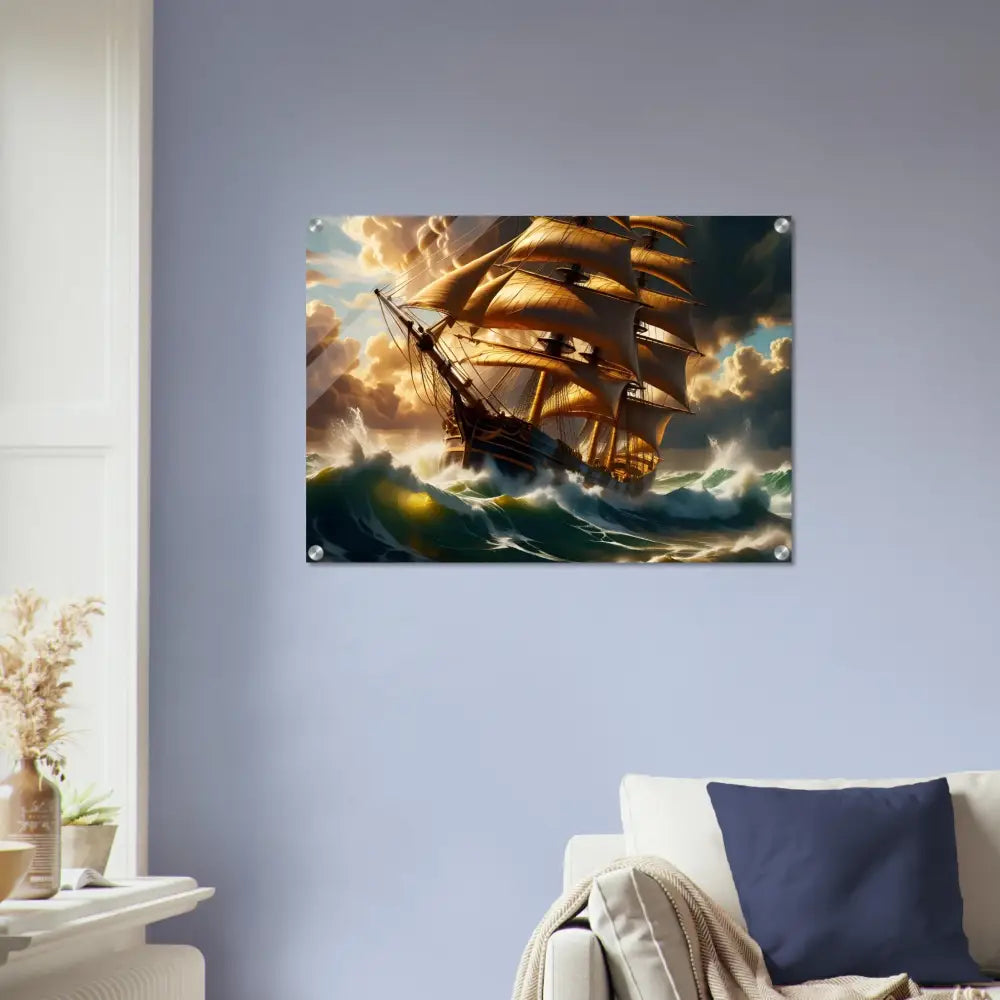 Framed sailing ship artwork Acrylic Print Tempestbound Sovereign PixiOnyx display