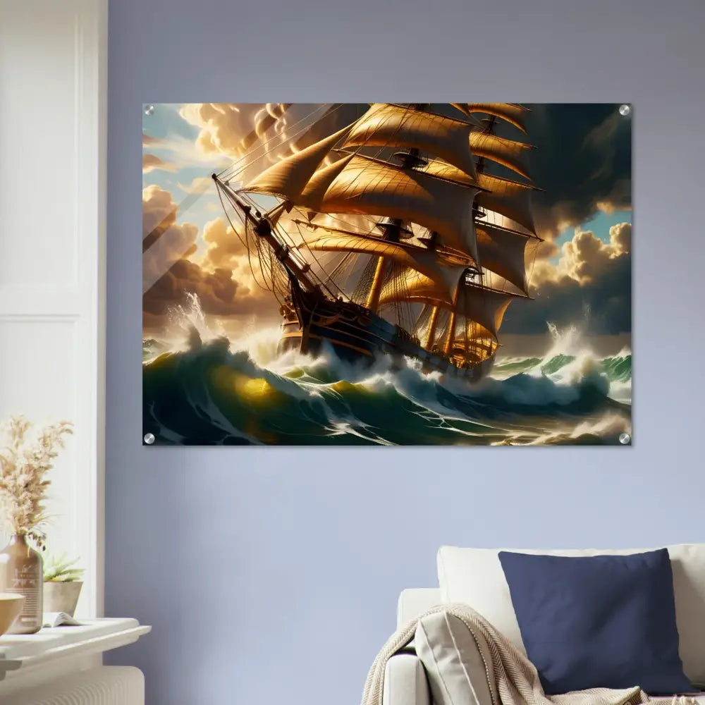 Framed ship painting acrylic print Tempestbound Sovereign PixiOnyx Depth Motion Display