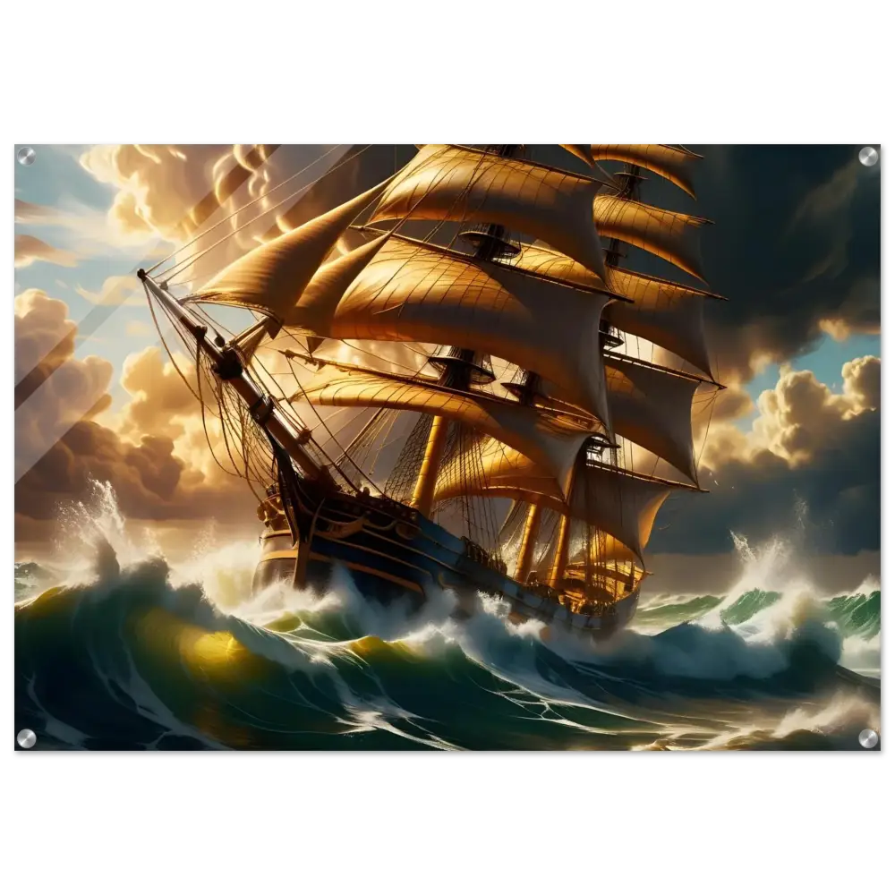 Golden-sailed ship battling stormy seas displayed on Acrylic Print – Tempestbound Sovereign