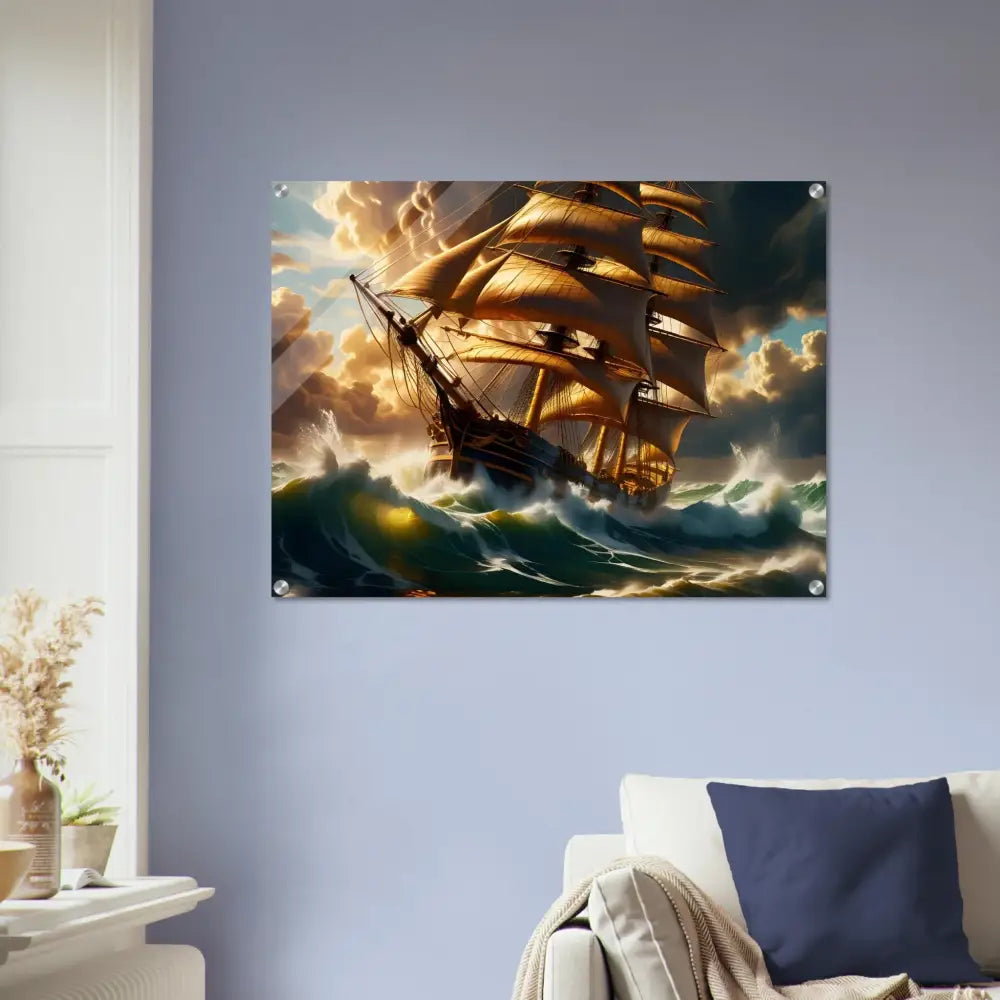 Acrylic print of a ship battling stormy seas for Tempestbound Sovereign display
