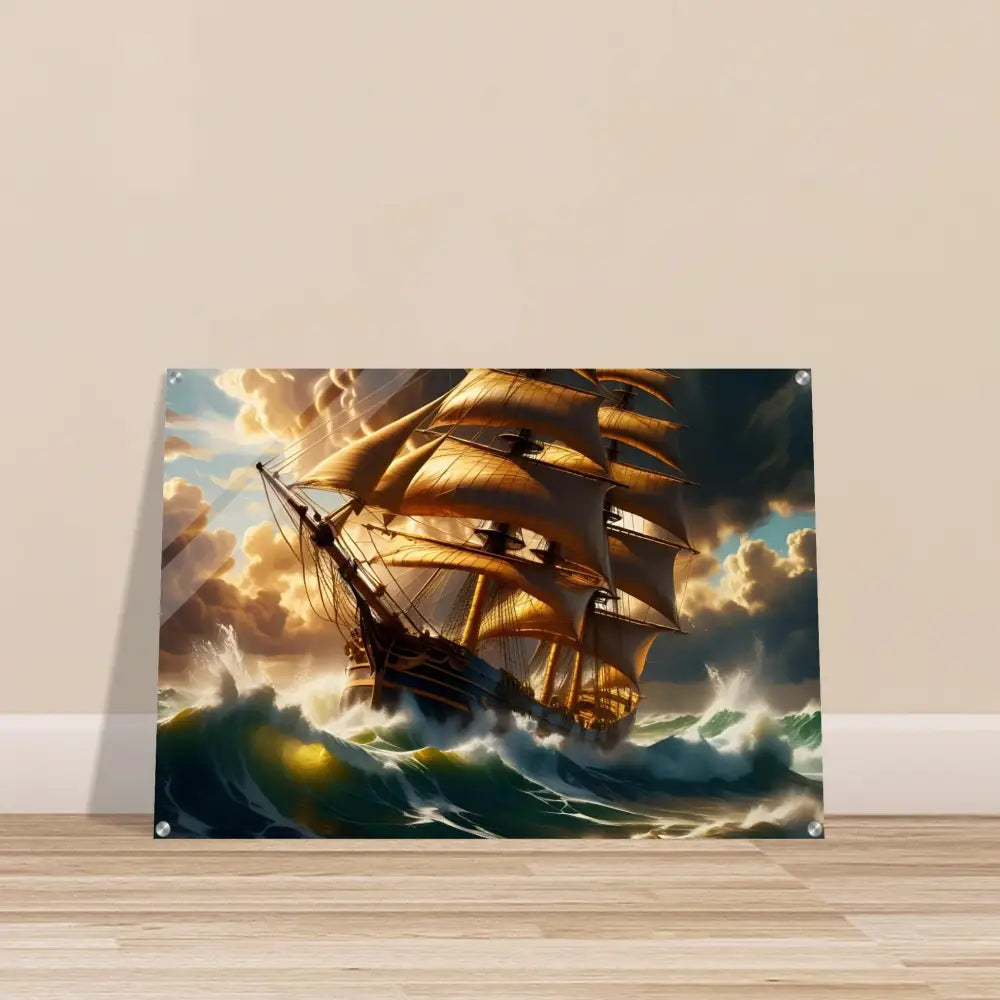 A framed sailing ship painting on Acrylic Print – Tempestbound Sovereign by PixiOnyx