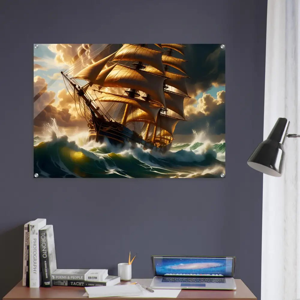 Acrylic print of a sailing ship in stormy seas titled Tempestbound Sovereign by PixiOnyx