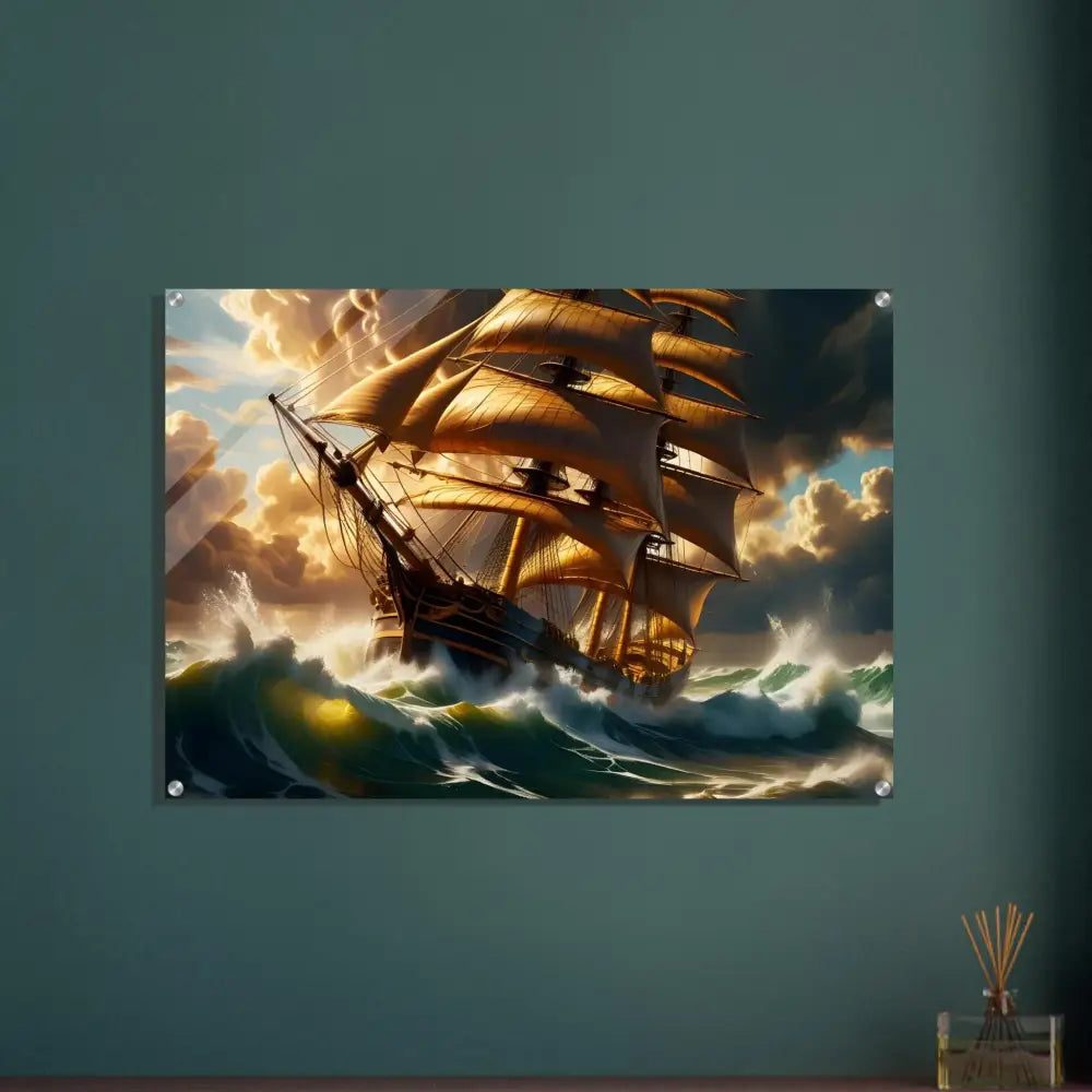 Framed sailing ship artwork displayed on Acrylic Print Tempestbound Sovereign by PixiOnyx