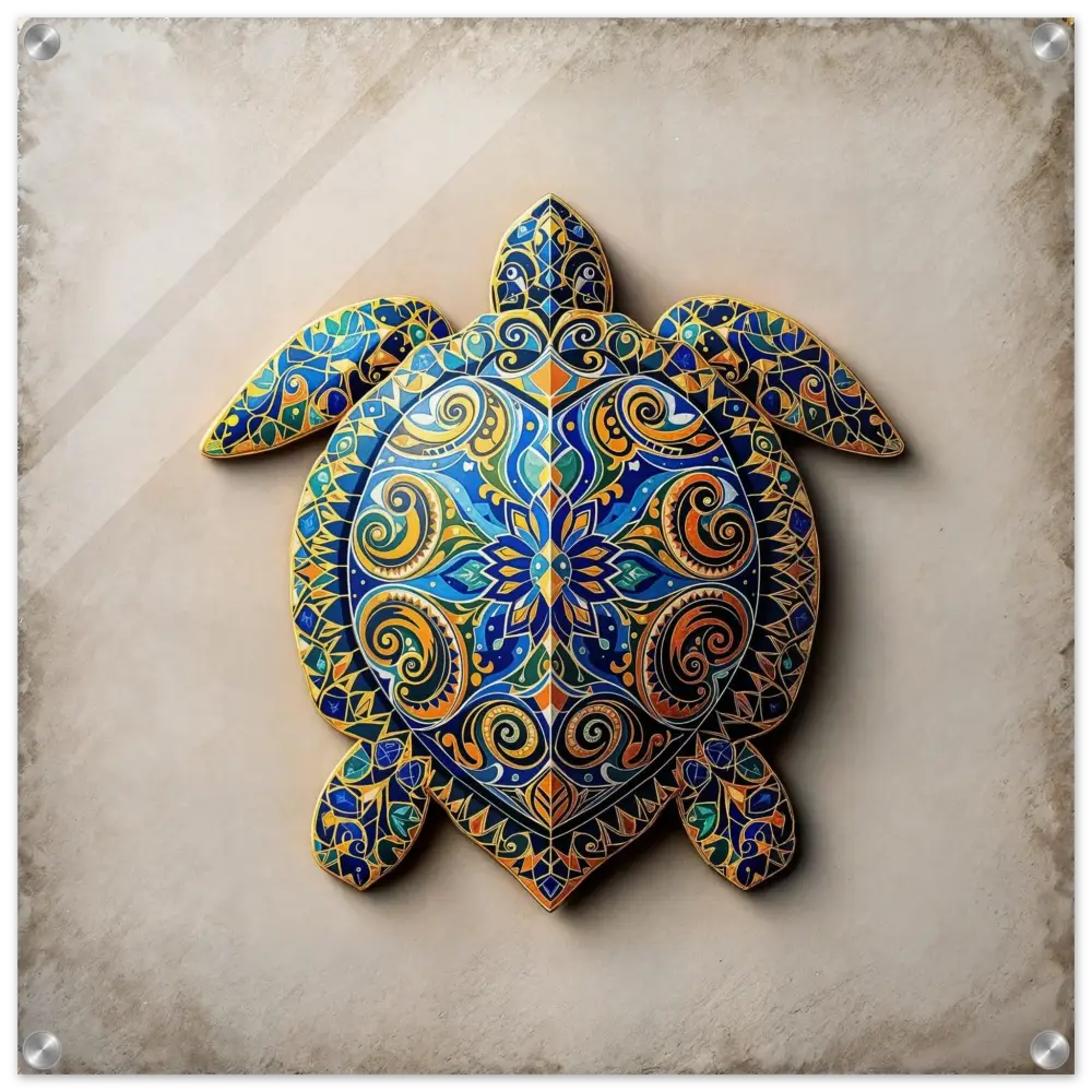 Colorful ornate turtle artwork acrylic print displayed in PixiOnyx Crystal Clarity Totem Art