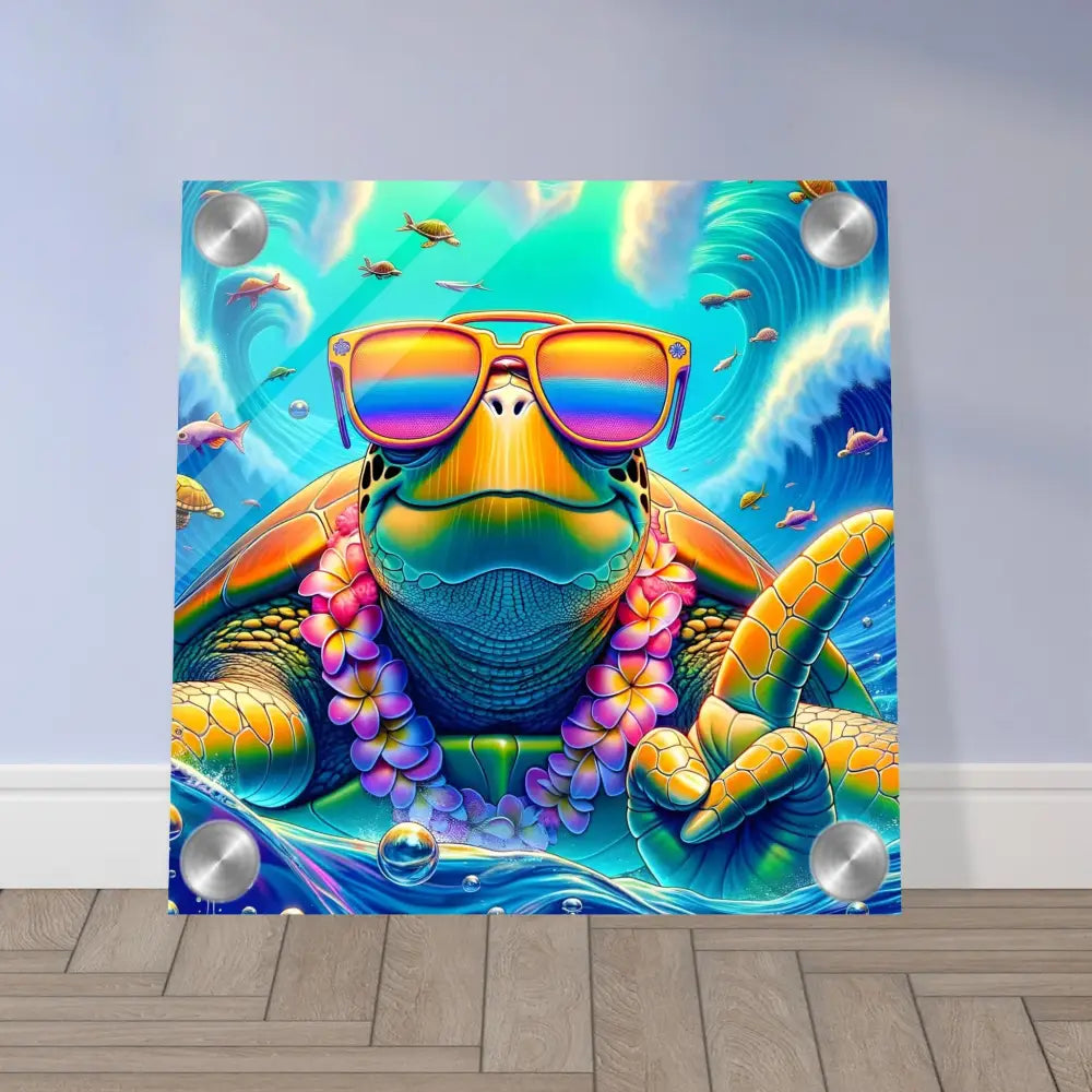 Vibrant turtle art with sunglasses and lei on Acrylic Print Turtle-y Misunderstood Bro from PixiOnyx
