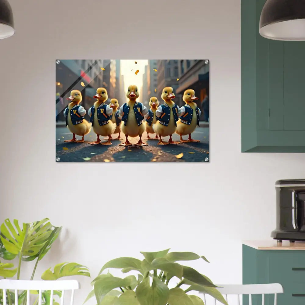Acrylic print featuring a Duckling parade wall art from Varsity Duck Squad PixiOnyx