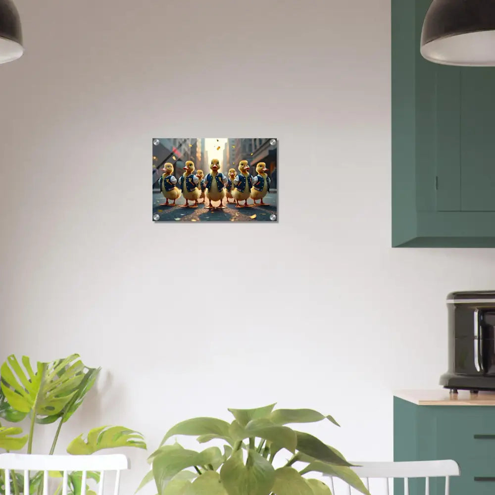 Acrylic print of Duckling parade wall art from Varsity Duck Squad PixiOnyx Surreal Statement Piece