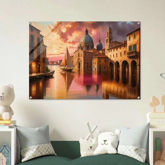 Acrylic print of Venetian Reverie canal scene at sunset showcasing depth meets brilliance beneath polished acrylic