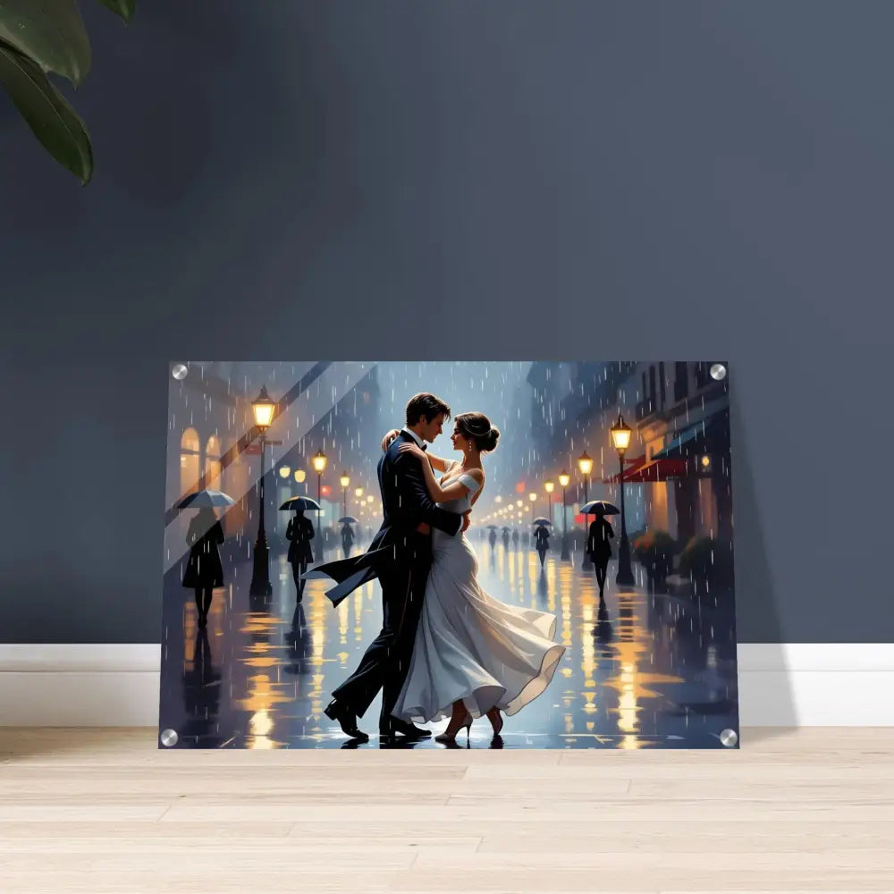 Acrylic print of a couple dancing in the rain displayed in Waltz in the Rain PixiOnyx Crystal Clarity
