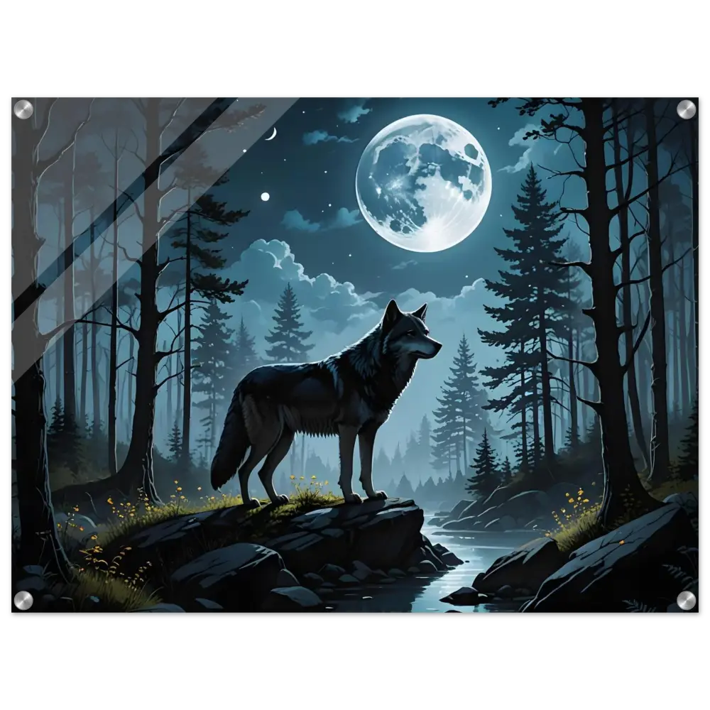 Acrylic print of a wolf beneath a full moon in a lunar dreamscape artwork