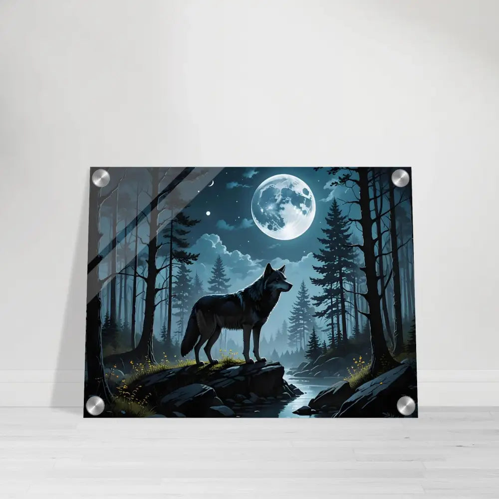Acrylic print of a wolf howling at the moon in the Wolf Moon Reverie PixiOnyx Lunar Dreamscape