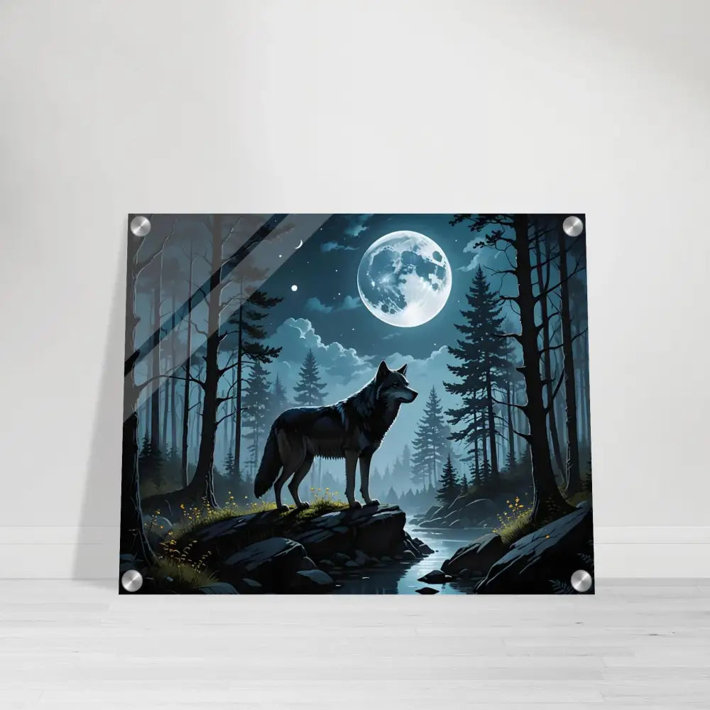 Wolf and Moon acrylic print from PixiOnyx Lunar Dreamscape product showcasing a serene night scene