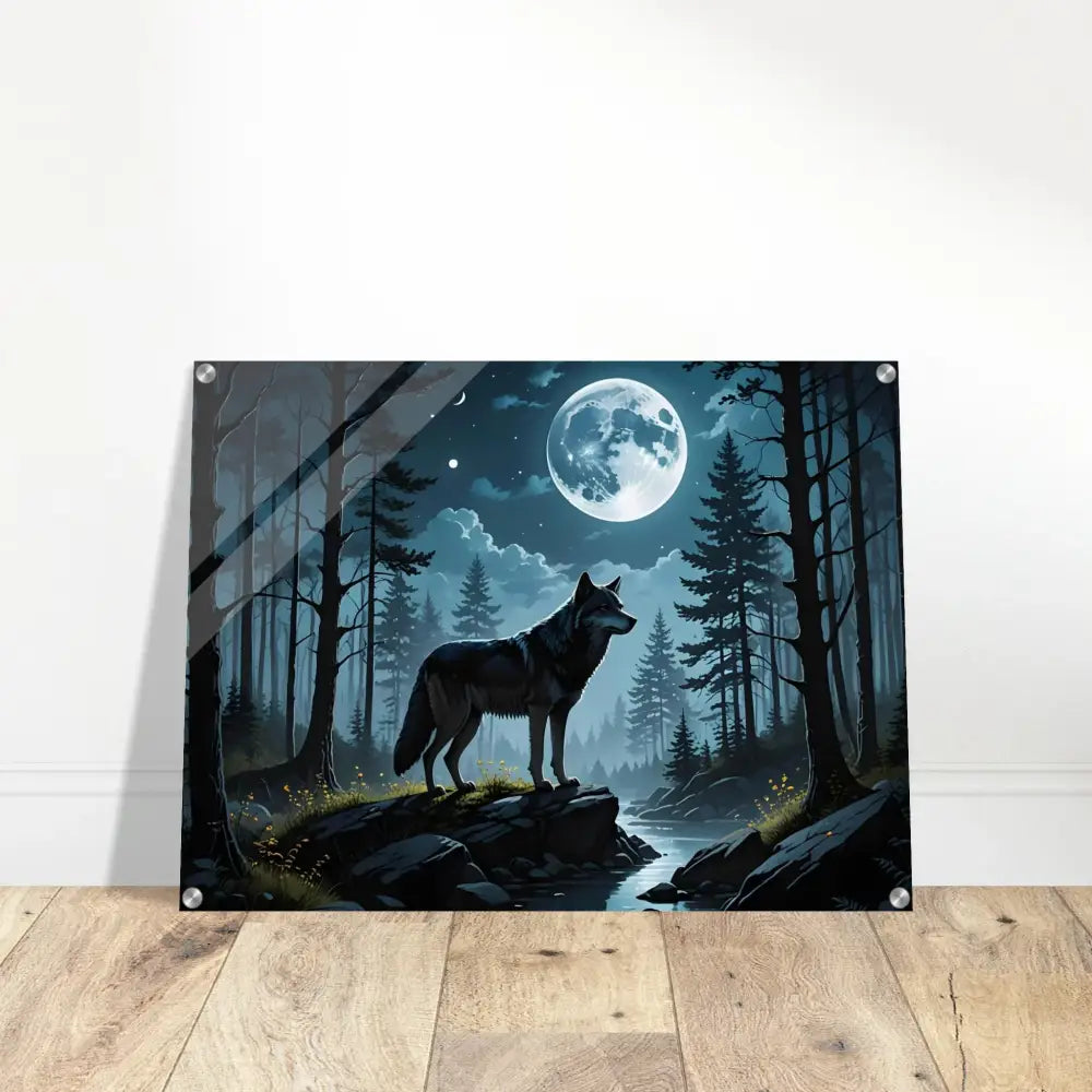 Acrylic print of a Wolf and Moon forest artwork from PixiOnyx Lunar Dreamscape