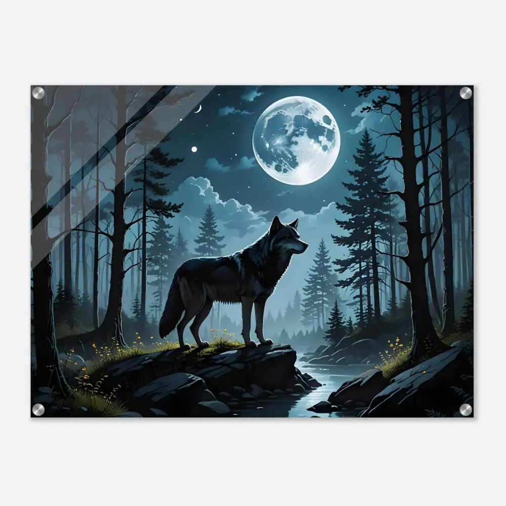 Acrylic print of a wolf beneath a full moon in a lunar dreamscape artwork