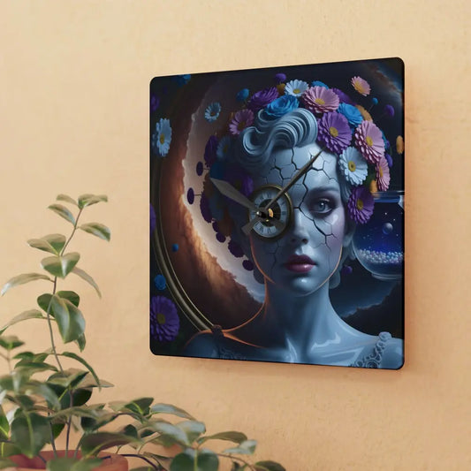 Square acrylic wall clock featuring a woman’s face and floral design by PixiOnyx