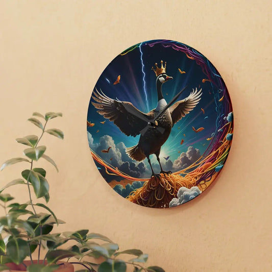 Acrylic wall clock featuring a goose design from PixiOnyx Surreal Statement collection
