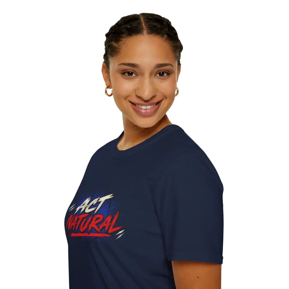 Navy blue act natural graphic unisex t-shirt made of ring-spun cotton tubular knit designed for low heat care