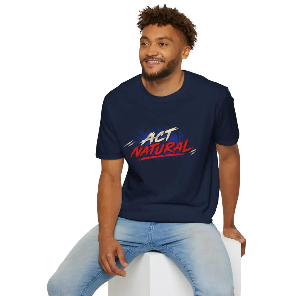 Navy blue act natural graphic unisex t-shirt made from ring-spun cotton tubular knit with bold red and white lettering
