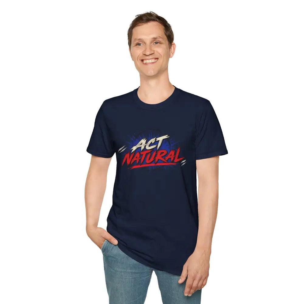 Navy blue act natural graphic unisex t-shirt made of ring-spun cotton with bold red and white comic script print