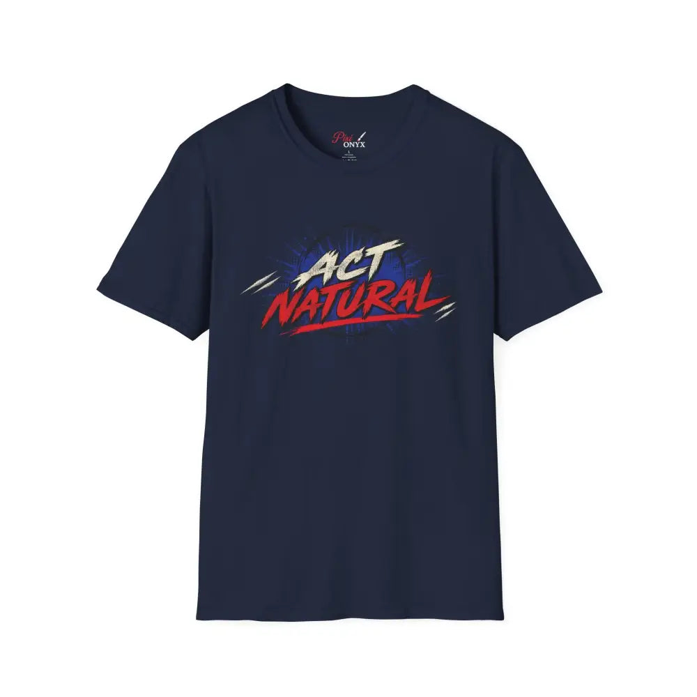 Navy blue act natural graphic unisex t-shirt in ring-spun cotton tubular knit with bold red and white comic script