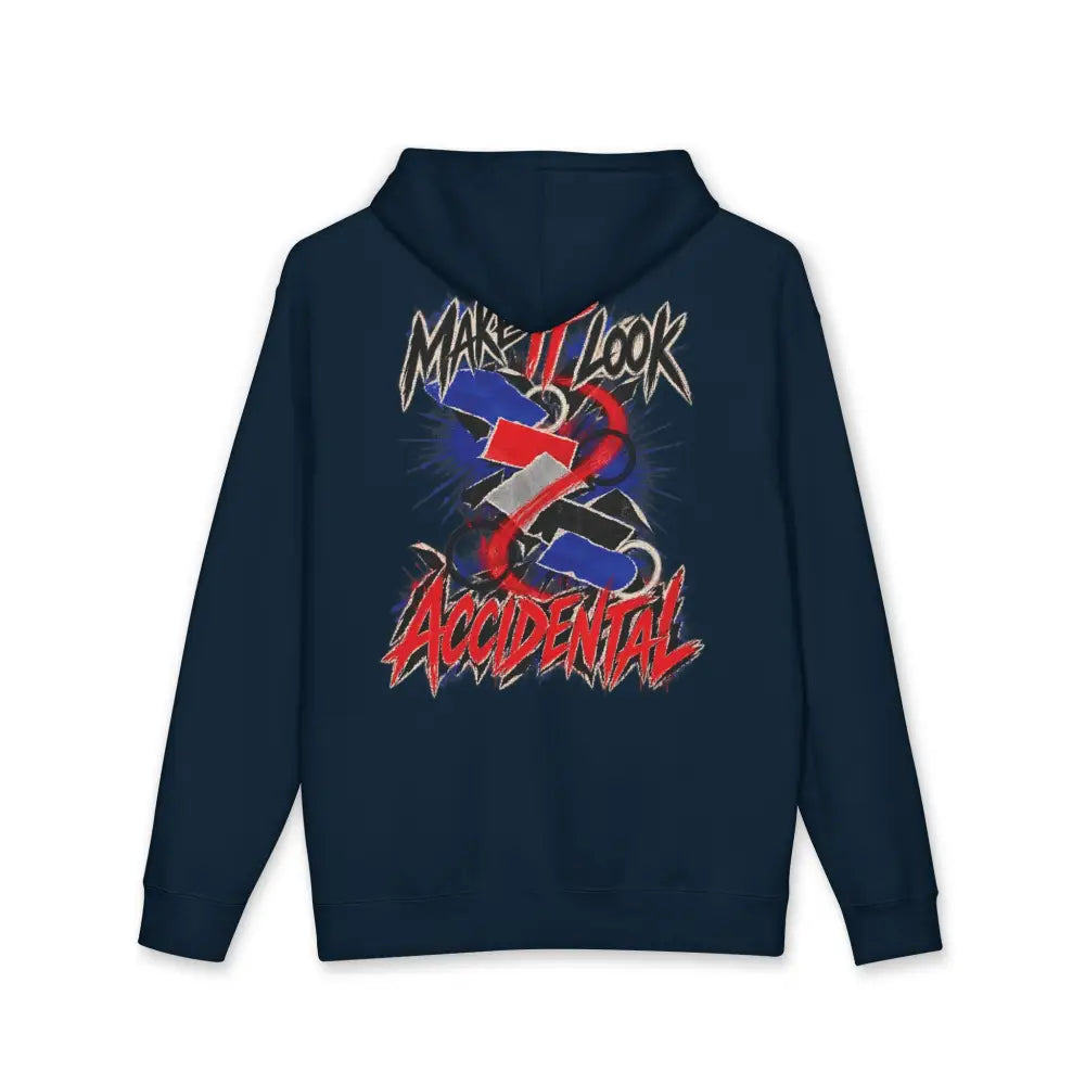 Dark navy blue fleece-lined unisex hoodie with bold red white graffiti graphic and machine wash care instructions