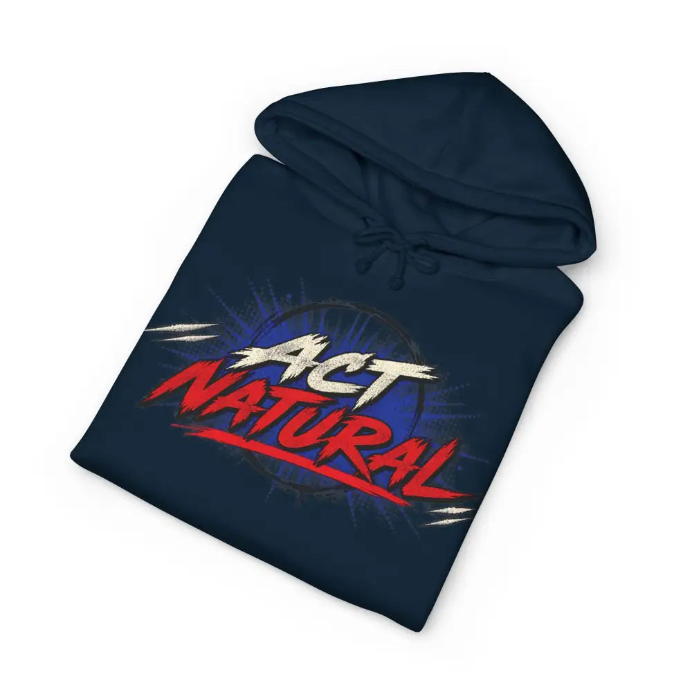 Dark navy blue act natural pullover unisex hoodie with fleece-lined hood and machine wash care instructions