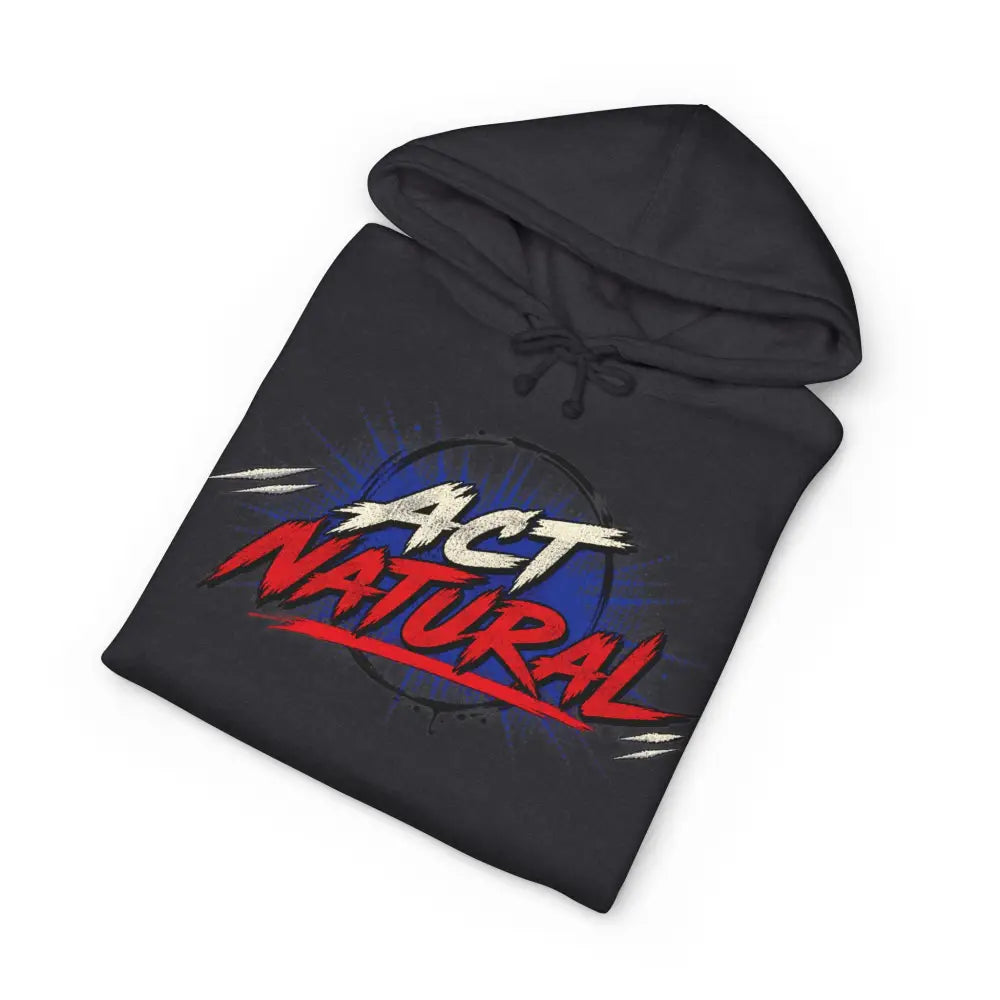 Black fleece-lined unisex act natural pullover hoodie with red white graphic and blue splatter, machine wash care instructions