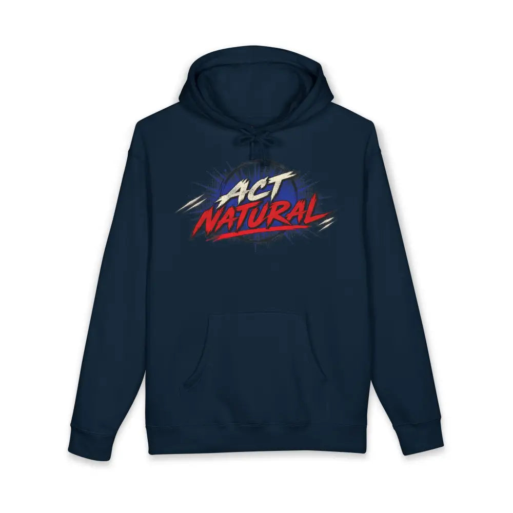Navy blue fleece-lined pullover unisex hoodie with red and white act natural graphic chest print machine wash care instructions