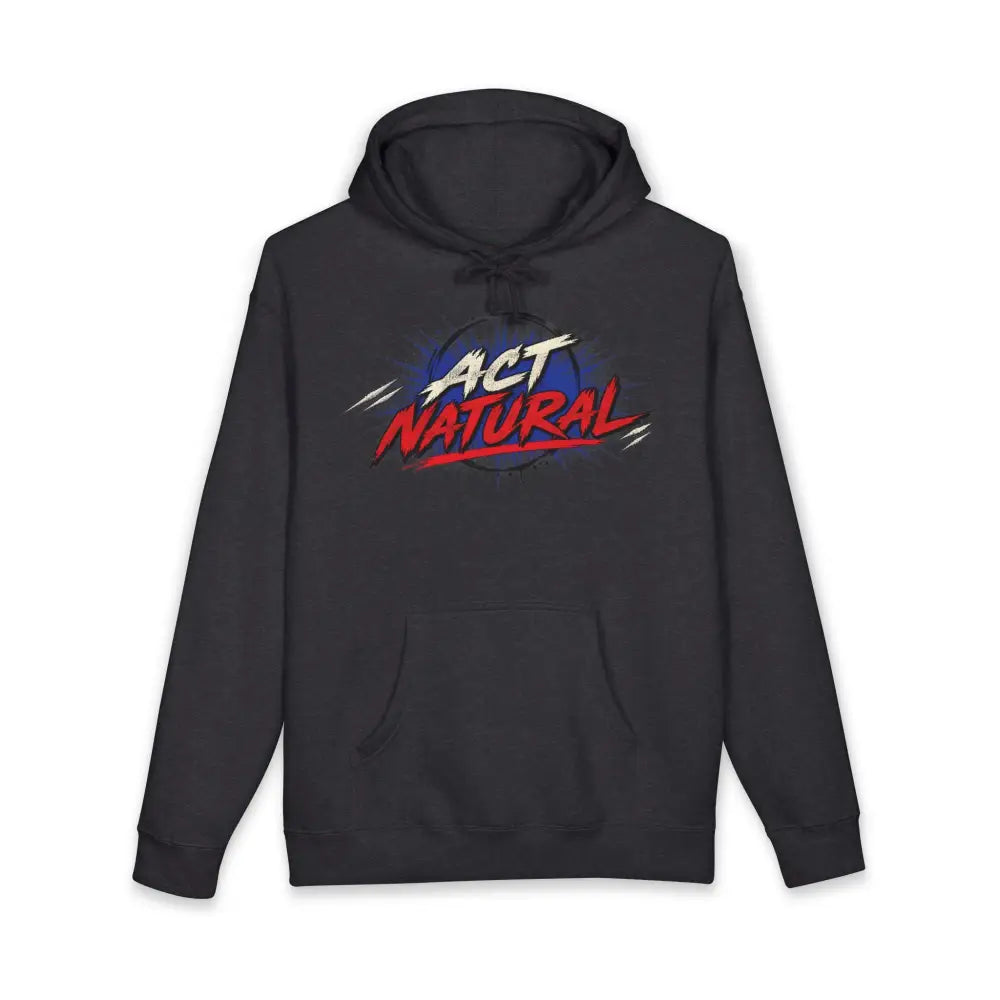 Black fleece-lined act natural pullover unisex hoodie with bold red white and blue graphic chest design machine wash care instructions